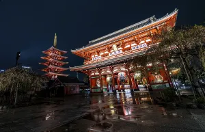 Illuminated five-story pagoda and Hozomon treasure chamber gate of Asakusa Shrine or Senso-ji Temple