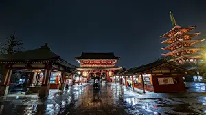 Illuminated five-story pagoda and Hozomon treasure chamber gate of Asakusa Shrine or Senso-ji Temple