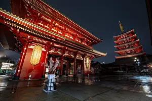 Illuminated five-story pagoda and Hozomon treasure chamber gate of Asakusa Shrine or Senso-ji Temple