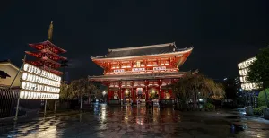 Illuminated five-story pagoda and main hall of Asakusa Shrine or Senso-ji Temple