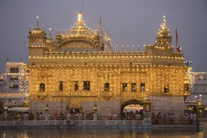 Illuminated Hari Mandir Sahib swarn mandir or golden temple during Dussera festival
