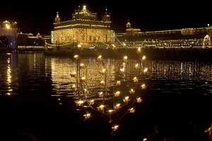 Illuminated Harimandir Sahib swarn mandir or golden temple during Dussera festival