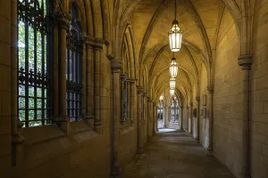 Illuminated neo-Gothic archway