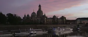 Illuminated skyline of Dresden in the evening light with the Frauenkirche