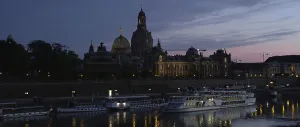Illuminated skyline of Dresden in the evening light with the Frauenkirche