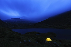 Illuminated tent at night, Lower Lake Giglach
