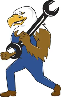 Illustration of a american bald eagle mechanic standing smiling holding wrench on shoulder viewed from side set