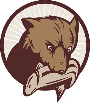 Illustration of a Brown bear catching a trout fish set inside a circle