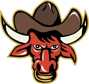 Illustration of a bull cowboy head wearing hat viewed from front set on isolated white background done in retro style
