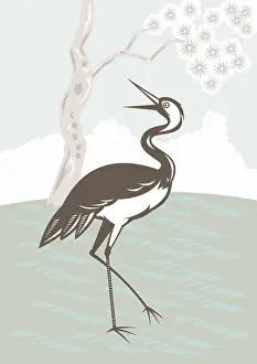 Illustration of a Crane looking up with tree in background done in retro style