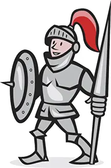Illustration of knight in full armor with lance