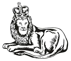 Illustration of a lion with a crown sitting lying isolated on white background done in retro style