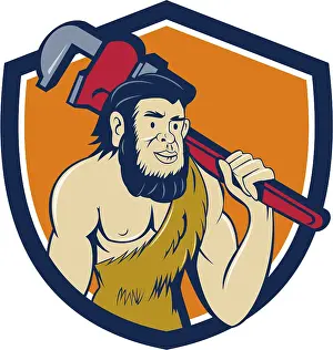 Illustration of a neanderthal man or caveman plumber holding monkey wrench on shoulder set inside shield crest