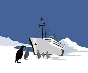 Illustration of a passenger cargo ship done in retro style with penguins in the south pole antartic polar region