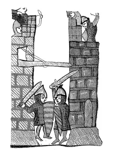 Illustration of a road and fortress battle in an Italian city