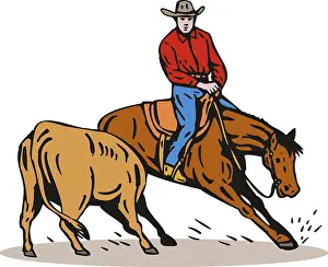 Illustration of rodeo cowboy riding horse with calf on isolated white background