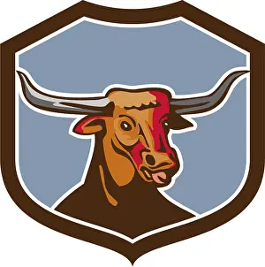 Illustration of a texas longhorn red bull head tongue out set on inside shield crest on isolated background done