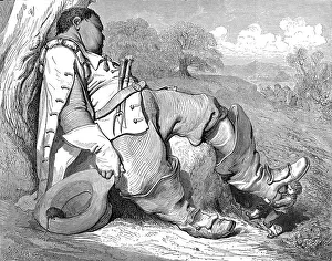 Illustration from Tom Thumb, a young boy pulling off the boots of a dormant monster