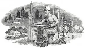 Detail of the illustration in the vignette of a historical stock certificate of an oil and gas company