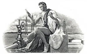Detail of the illustration in the vignette of a historical stock certificate of an oil and gas company