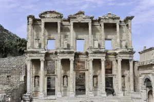 Impressive facade of the ancient Celsus Library with ornamental columns