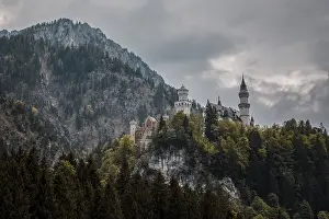 The impressive Neuschwanstein Castle on a dense