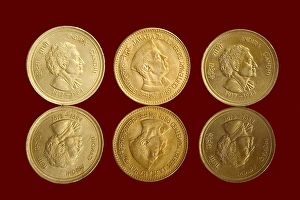 Three Indian currency five rupees coins with reflection backside embossed in middle Jawaharlal Nehru centenary 1989 left and right Indira Gandhi 1917-1984