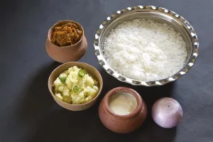 Indian lunch pakhala rice in steel bowl