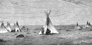 Indian village with tepees in the Northwest of America