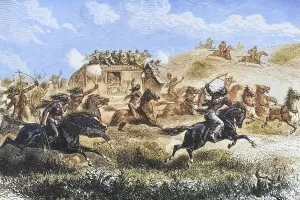 Indians attack a stagecoach transporting the US mail across the prairie in the 1860s