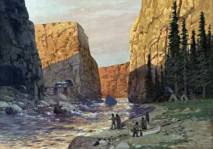 Indians with a canoe by the river
