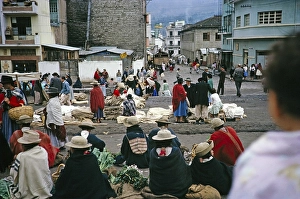 Indigenous market traders on the street, Ambato market, Ecuador, South America, 1962, South America