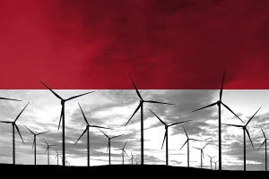 Indonesia flag wind farm at sunset