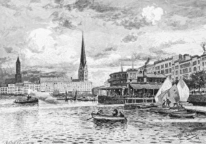Inner Alster Lake with Jungfernstieg and restaurant