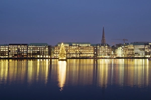 Inner Alster River with illuminated Christmas tree