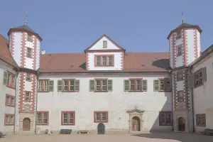 Inner courtyard of the Renaissance Wilhelmsburg Castle with corner turrets