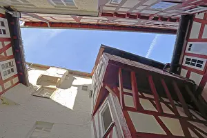 Inner courtyard with view upwards from the old castle built 13 century