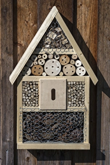 Insect hotel on a wooden wall, Bavaria