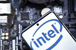 Category Historic EN Prints: Intel logo is displayed on smartphone