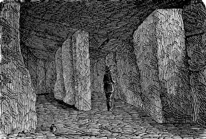 Interior of the dolmens of Antequera, Malaga, Conjunto Arqueologico Dolmenes de Antequera, archaeological museum, cave, rock chamber, history of mankind, Spain, historical illustration 1880, Europe