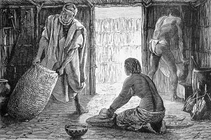 Interior of a hut in the Sahara oasis of Bardai or Bardai, woman kneeling on the ground and kneading dough, man lifting a filled sack, servant with loincloth stowing a sack, sword on the wall, bowl, travelling, Chad, historical illustration 1886