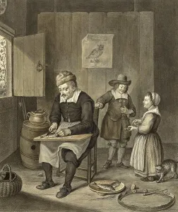 Interior with a man cleaning fish and two children are with in the room