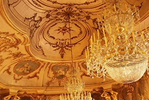 Interior of the National Palace of Queluz, Sintra, near Lisbon, Portugal decorated ceiling and chandelier