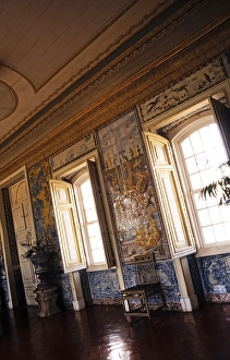 Interior of the National Palace of Queluz, Sintra, near Lisbon, Portugal Furniture and room decoration with azulejos wall tiles