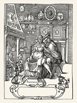 Interior of a room with a young man courting for a rich old widow