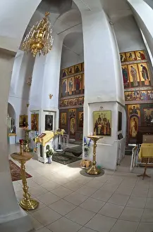 Interior of russian orthodox church in Novgorod region