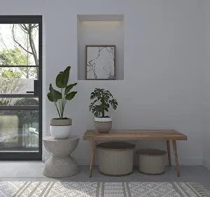 Interior space with plants, wooden bench