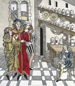 Interior view of an apothecary in the 17th century