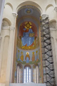 Framed Print : Interior view of a church with tall domes and magnificent frescoed icon paintings