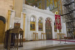 Framed Print : Interior view of an Orthodox church with icons and sacred objects in front of an altar